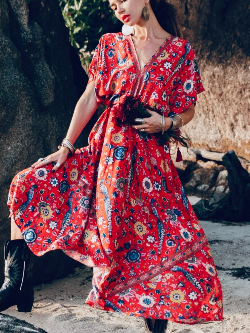 R vivimos Bohemian Maxi dress Love Bird  Floral with V-Neck and Short Sleeves
